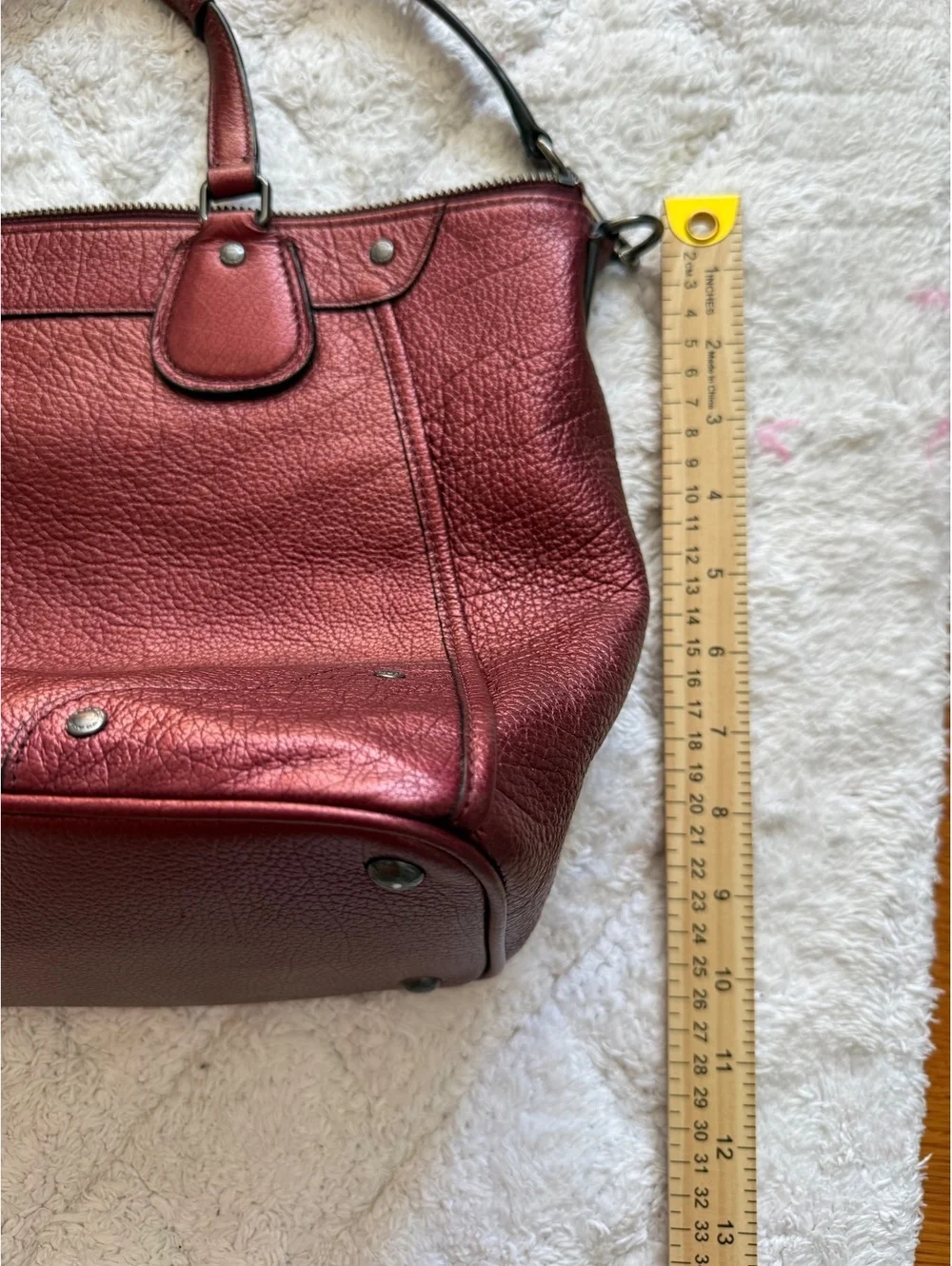 Coach Mickie Satchel Pebbled Leather Bag with Adjust Strap in Metallic Cherry